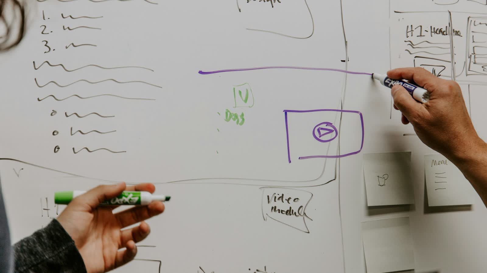 Two people mapping out a system on a whiteboard with markers and sticky notes