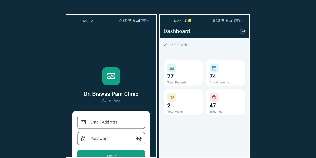 Dr. Biswas Pain Clinic admin app: sign-in screen and dashboard with patient, appointment, visit and enquiry counts