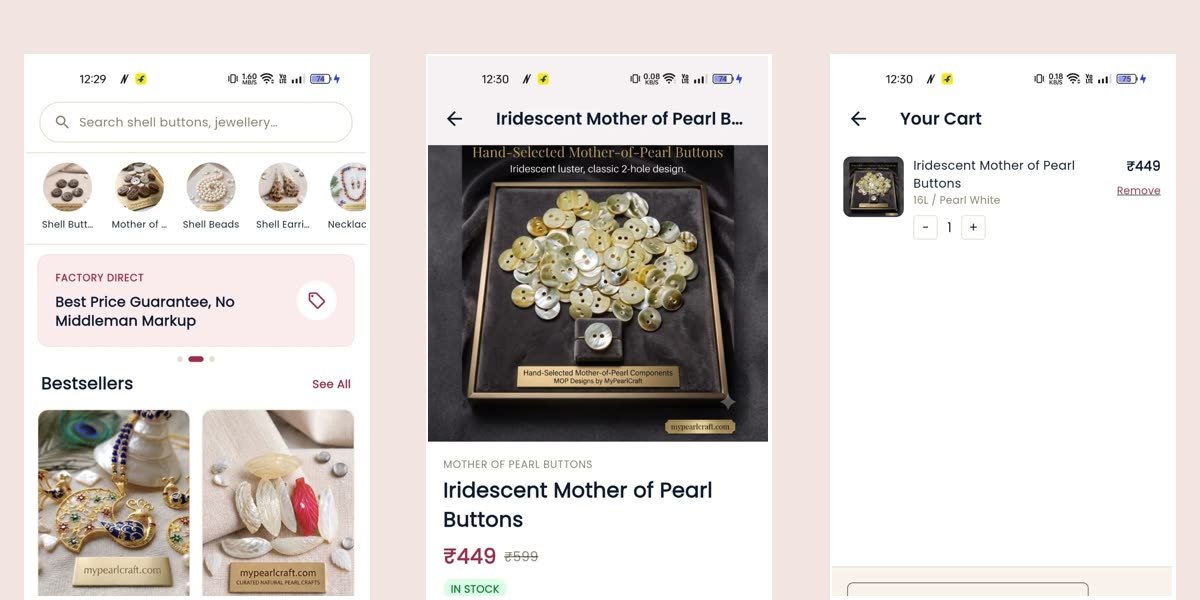 MyPearlCraft shopping app: home with categories and bestsellers, product page and cart