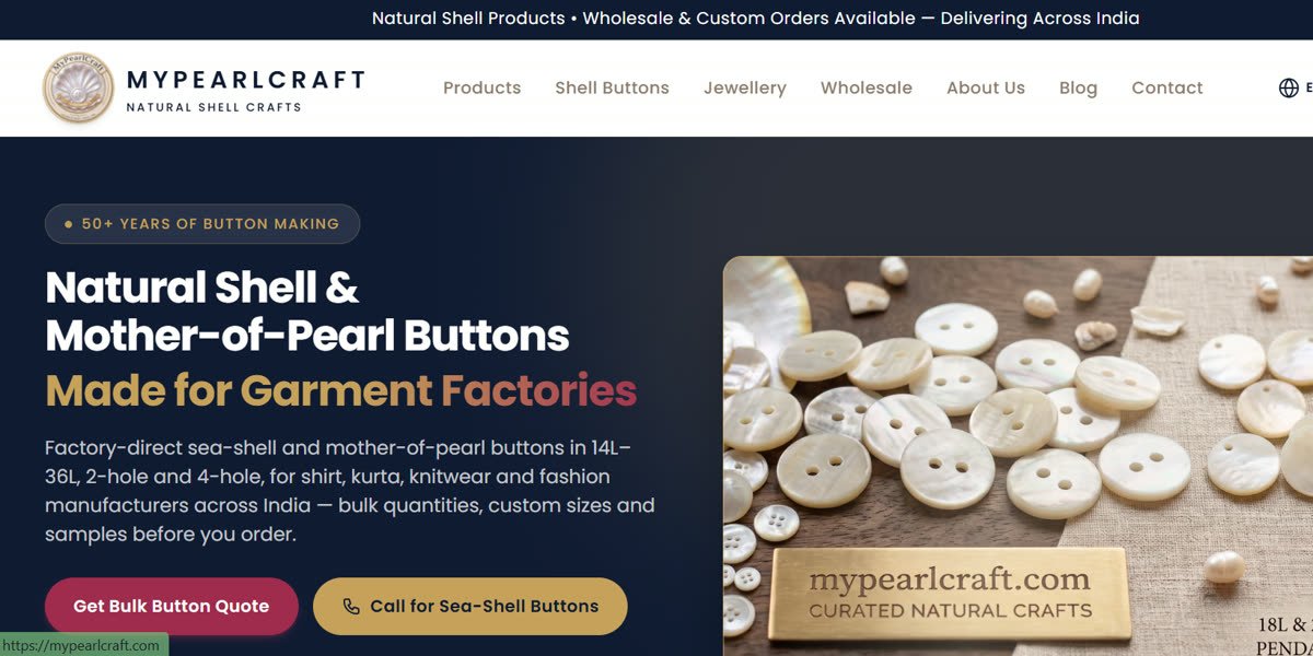 MyPearlCraft website hero showing natural shell and mother-of-pearl buttons