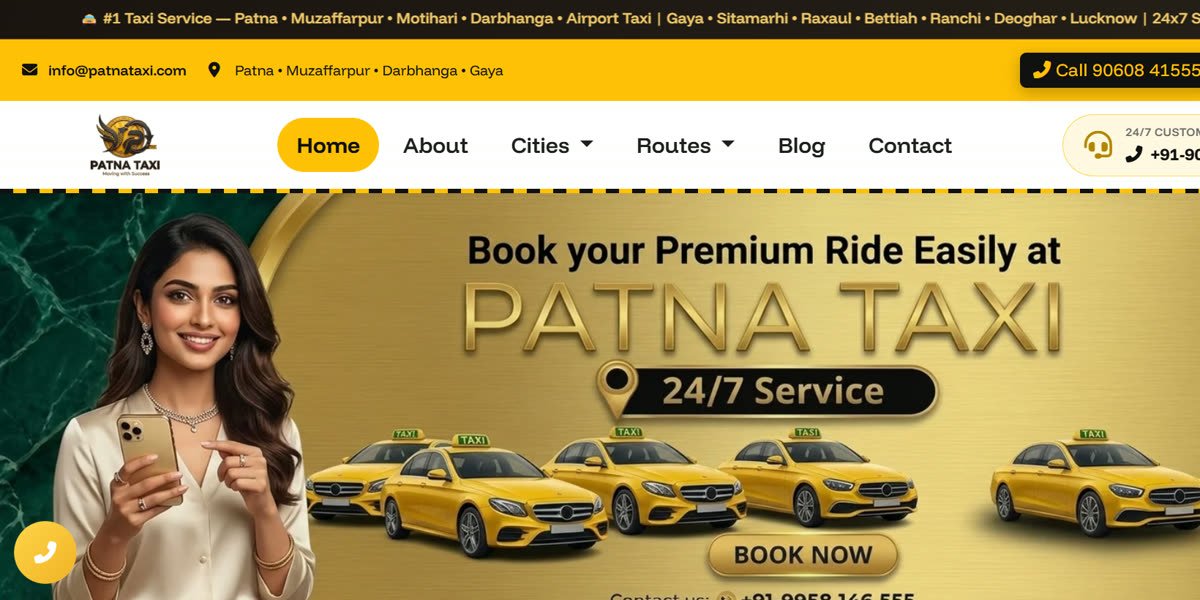Patna Taxi website hero with a Book Now button and a fleet of yellow cabs