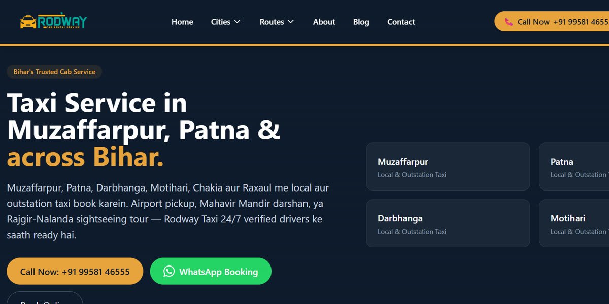 Rodway cab service website hero listing taxi service cities in Bihar